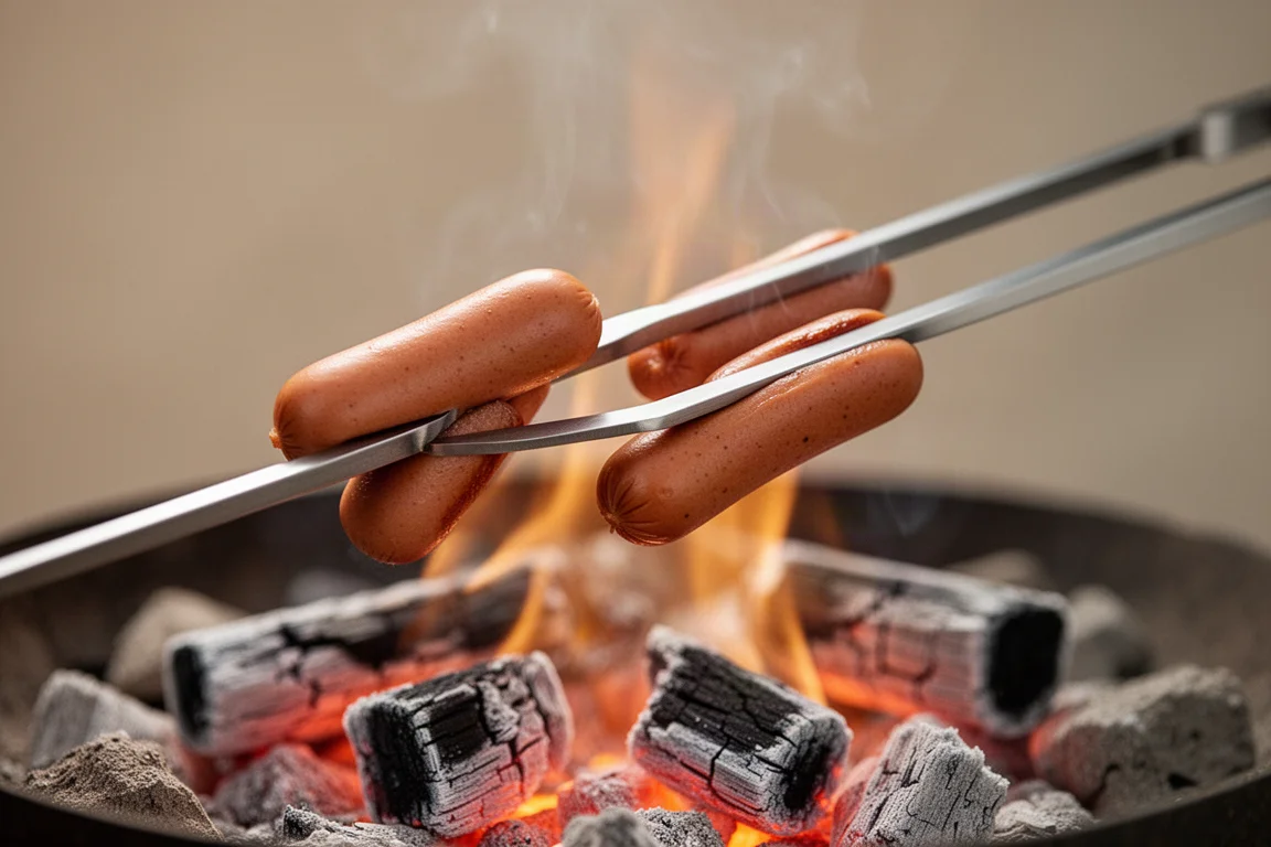 Primo piano delle punte d'acciaio a due rebbi che tengono hot dog sopra le braci del falò