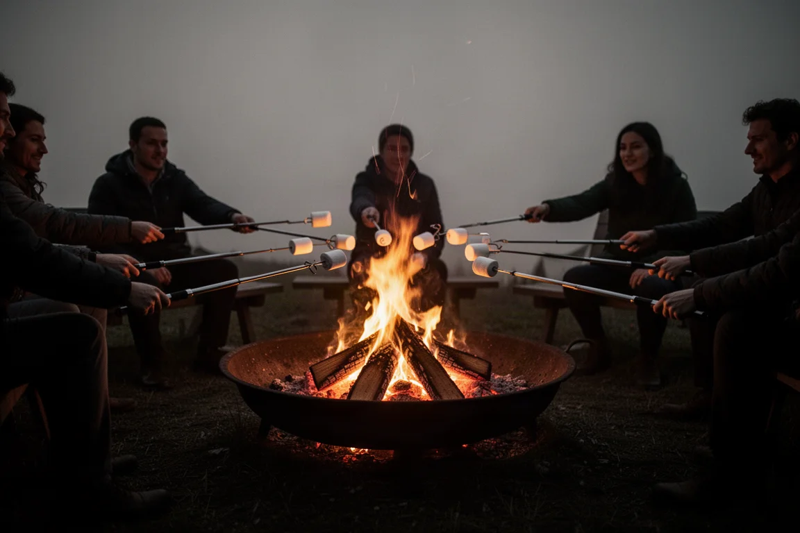 Grande gruppo di campeggiatori che arrostisce marshmallow attorno a un'ampia buca per il fuoco di notte