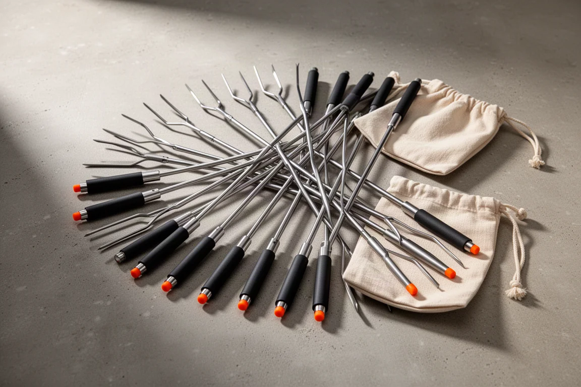 Ten telescoping roasting sticks with orange tip protectors fanned out beside a canvas pouch