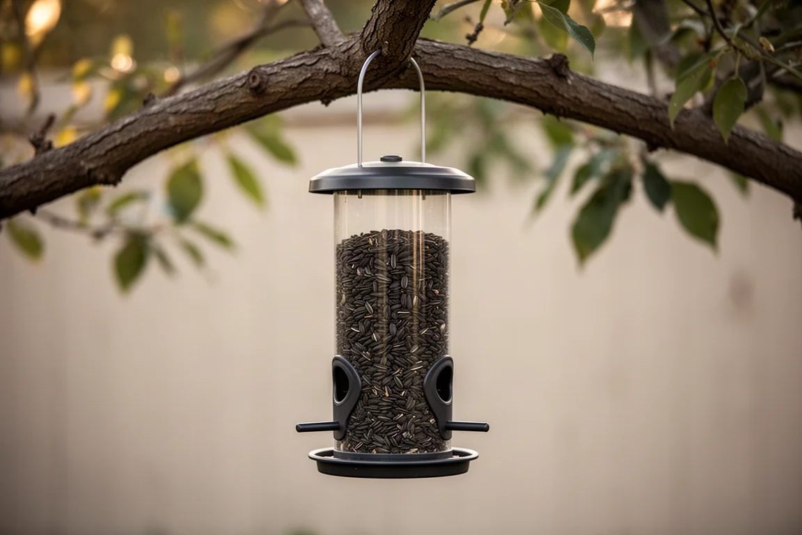 管狀餵鳥器懸掛於後院,儲種槽內裝滿種子