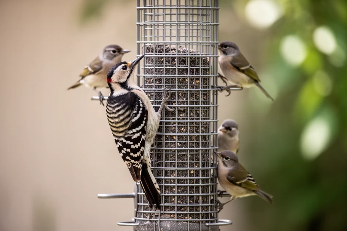 Picchio e piccoli uccelli canori aggrappati alla mangiatoia a rete mentre si nutrono