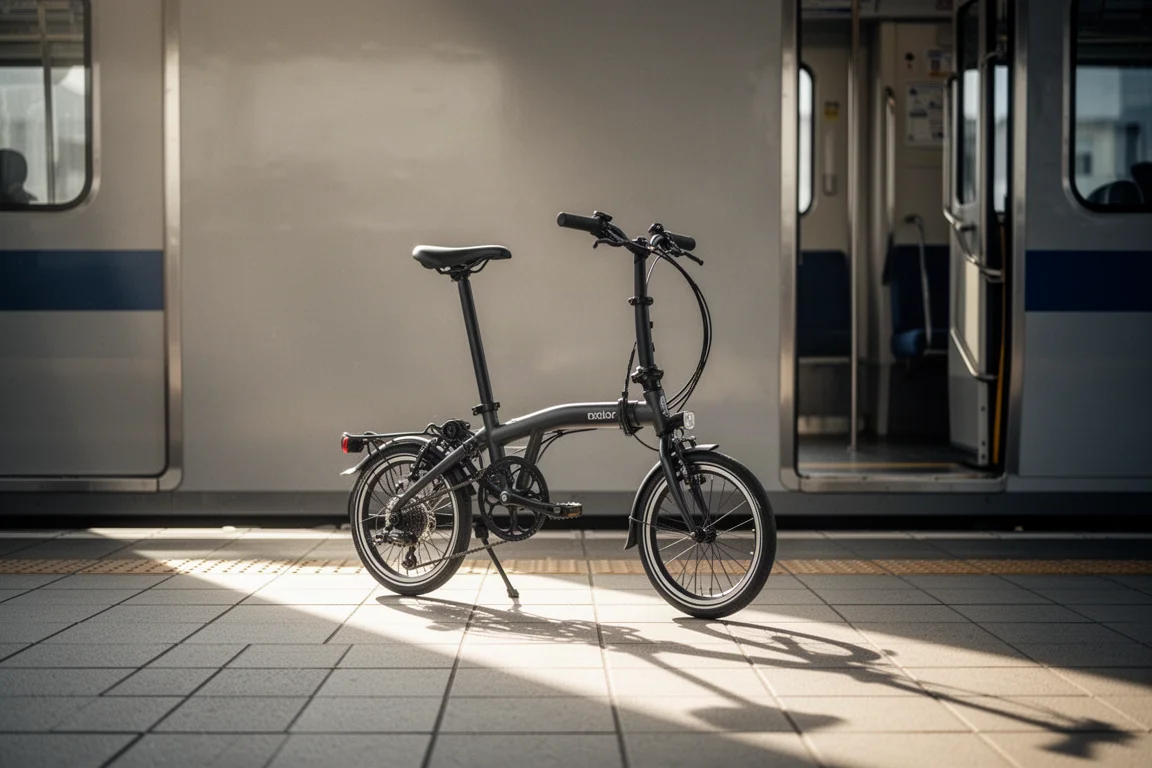Bicicleta plegable de ruedas pequeñas, ya plegada, sobre el andén junto a la puerta de un tren