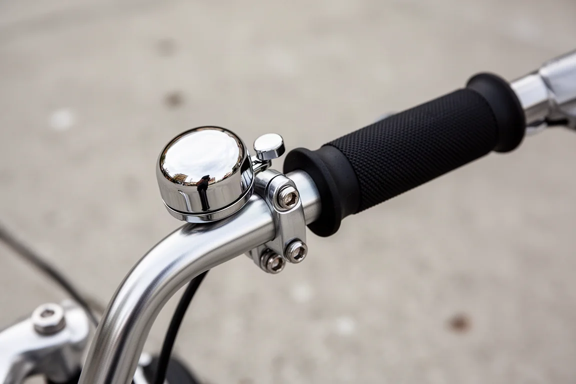 Primer plano del manillar de una bicicleta con timbre cromado redondo y puño negro