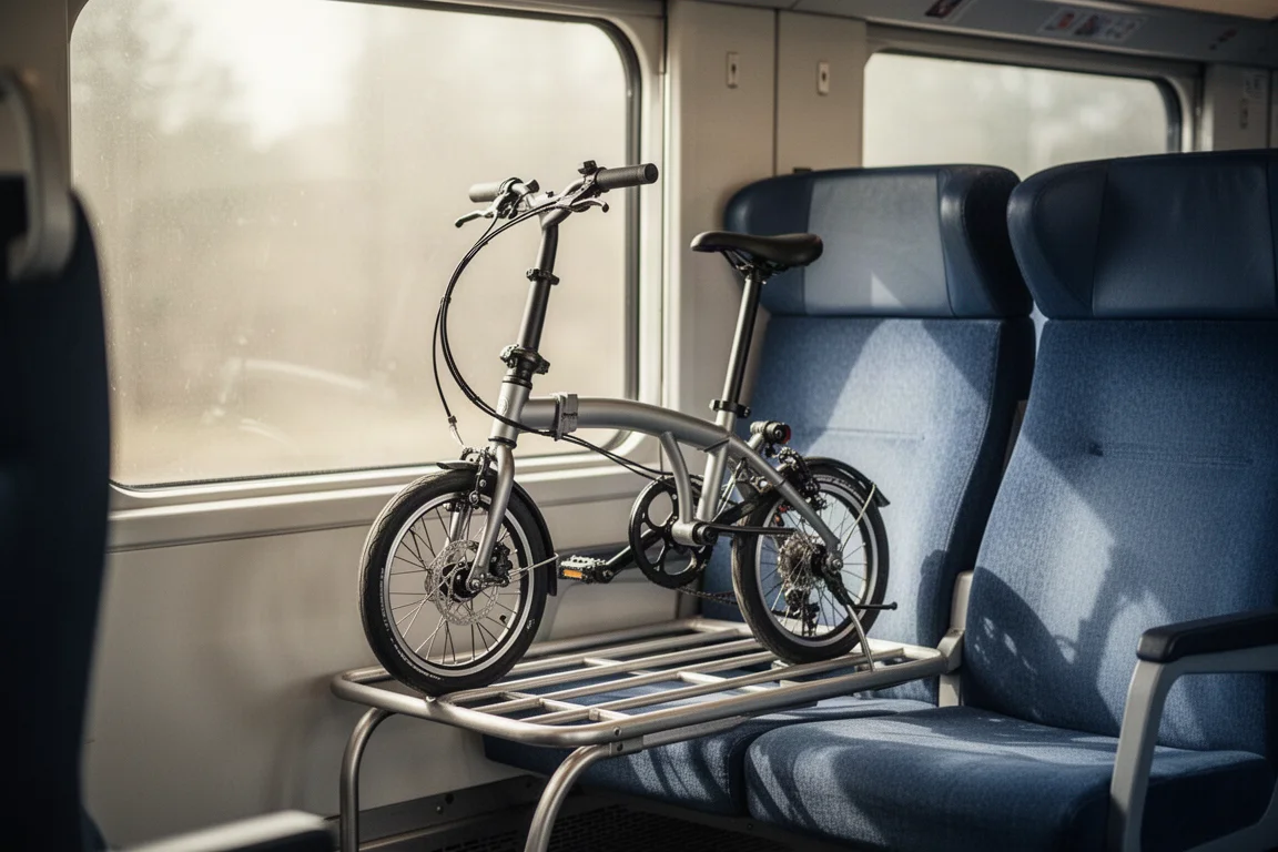 Bicicleta plegable de ruedas pequeñas guardada en el portaequipajes de un vagón de tren
