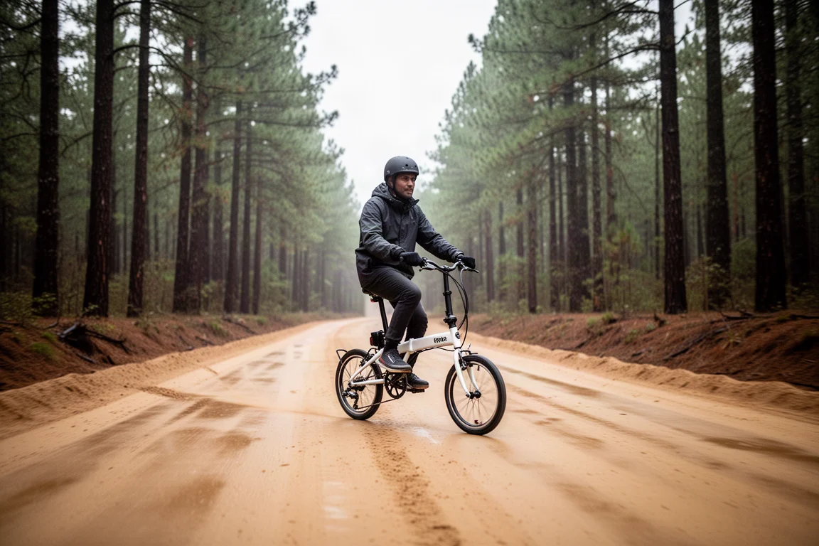 Folding bike with small wheels ridden along a damp forest fire road lined with pine trees