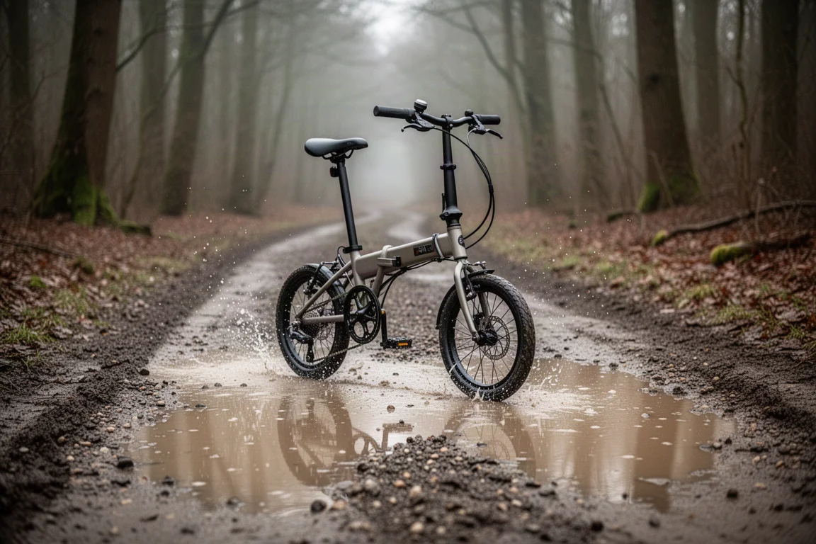 Small-wheeled folding bicycle crossing a muddy forest track with loose gravel and puddles