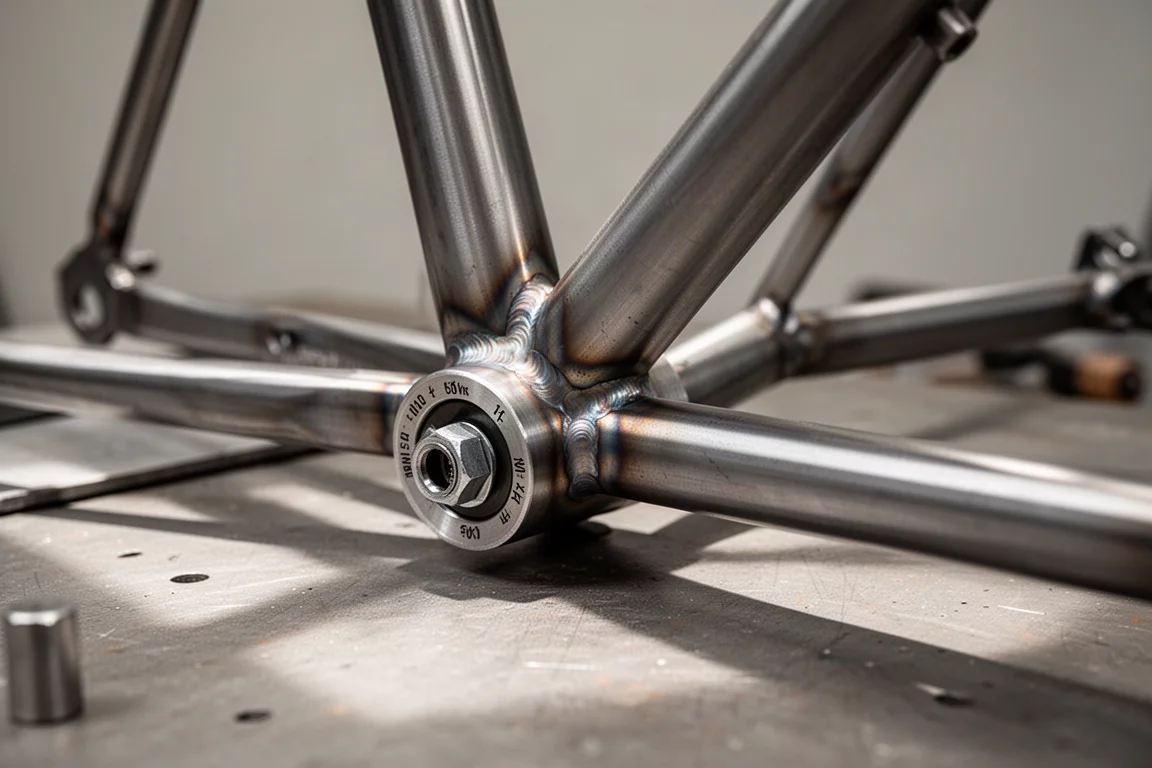 Close-up of a steel bicycle frame junction with a bolted component on a workshop bench