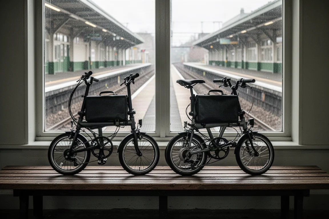 Two folded compact bicycles resting on a railway platform bench beside a window