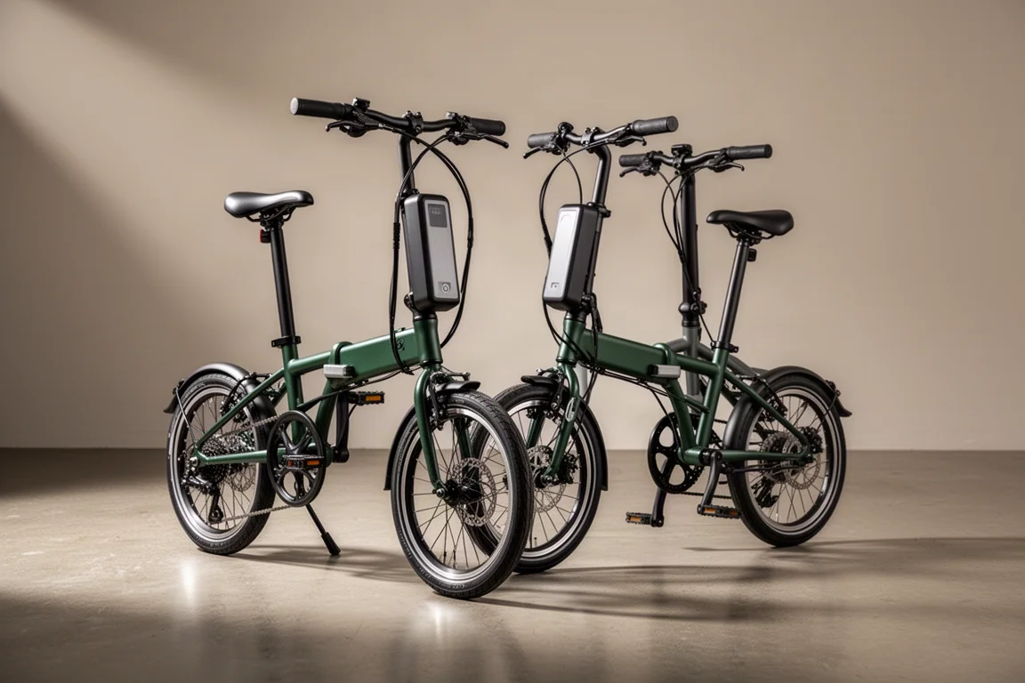 Due bici pieghevoli compatte con ruote da 20 pollici, una accanto all'altra su un pavimento di cemento