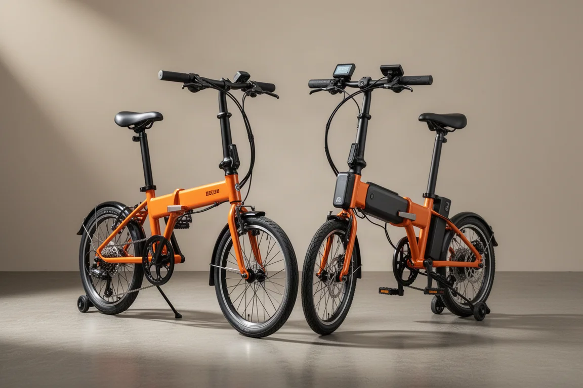 Due bici pieghevoli arancioni affiancate, una con un modulo batteria montato anteriormente