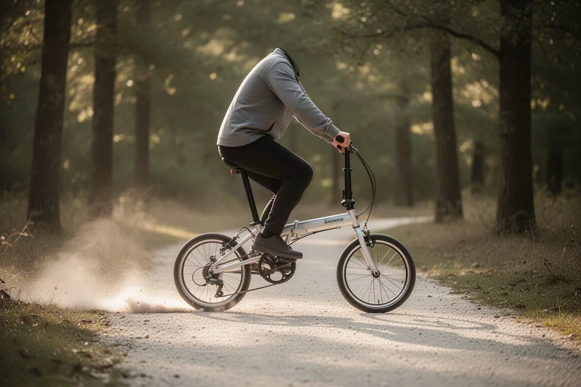 Roda pequena de bicicleta de 20 polegadas com pneu largo com sulcos e disco de freio sobre cascalho