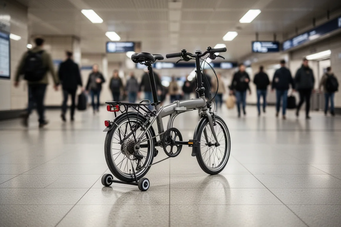 Ciclista em uma bicicleta de rodas pequenas pedalando por uma trilha de cascalho na hora dourada