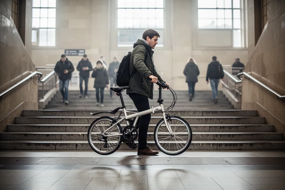 Bici pieghevole compatta portata su per le scale di una banchina ferroviaria nella luce del primo mattino