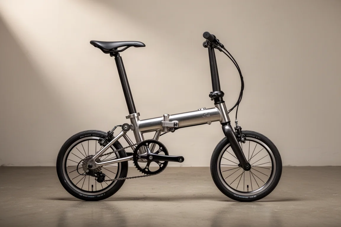 Titanium folding bicycle with carbon fork and small wheels on a concrete floor
