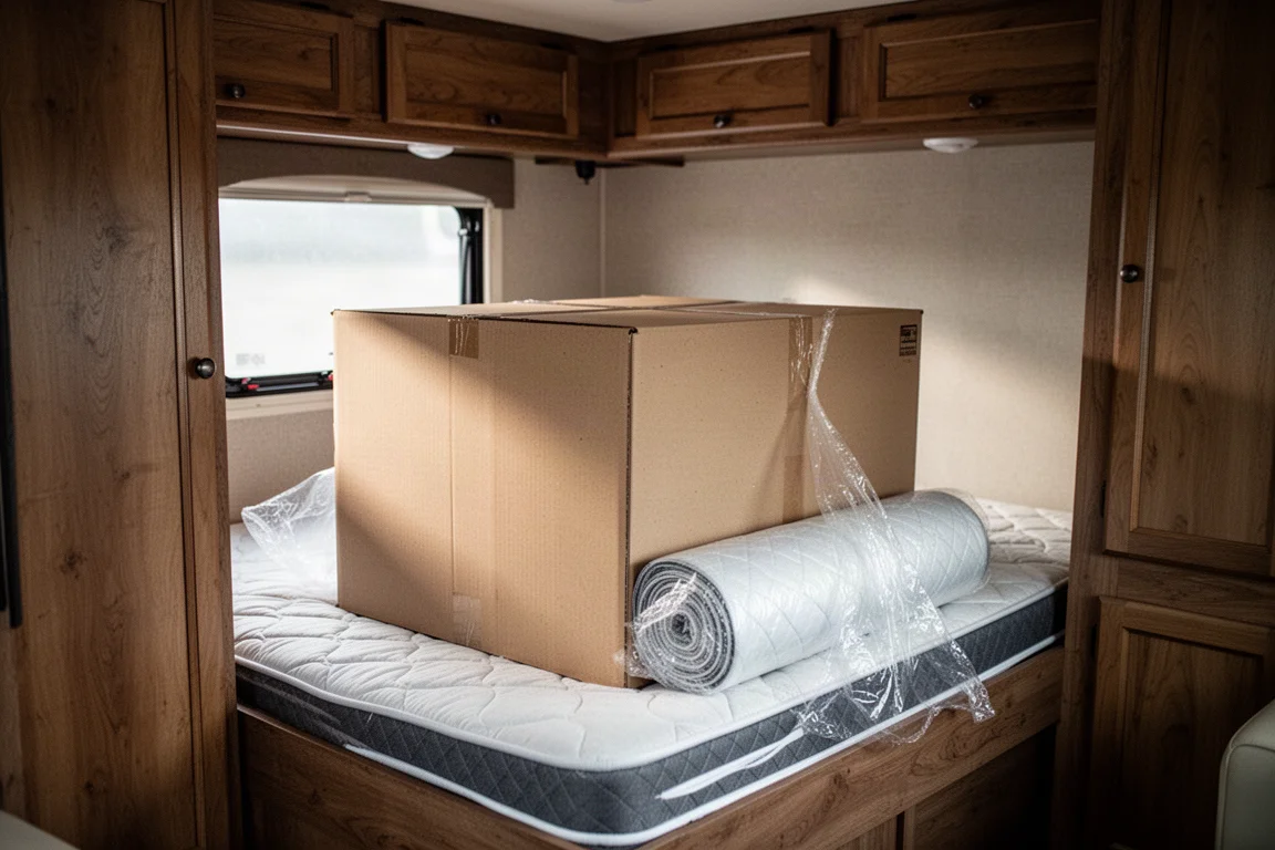 Colchón comprimido en una caja alta que se desenrolla dentro de un dormitorio compacto de RV