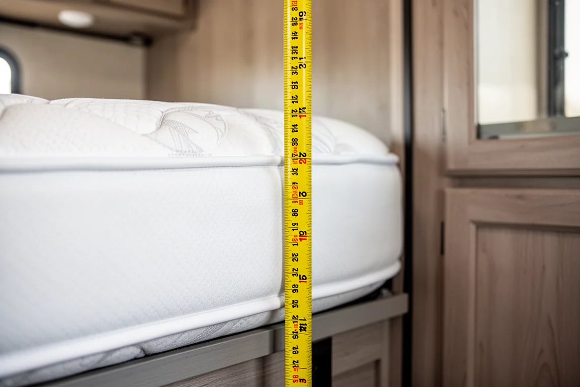 Cinta métrica mostrando la profundidad de un colchón grueso sobre una plataforma de cama de RV