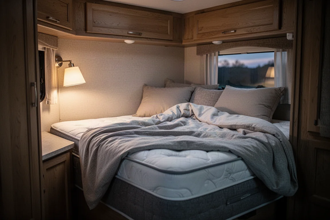 Persona descansando cómodamente sobre un colchón alto en un acogedor dormitorio de RV al atardecer