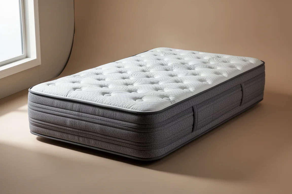 Thick plush RV mattress with quilted white top on a neutral backdrop