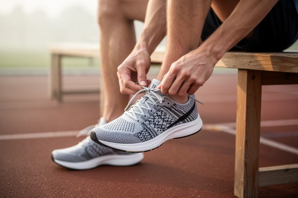 Un coureur lacant une chaussure de course légère avant une sortie