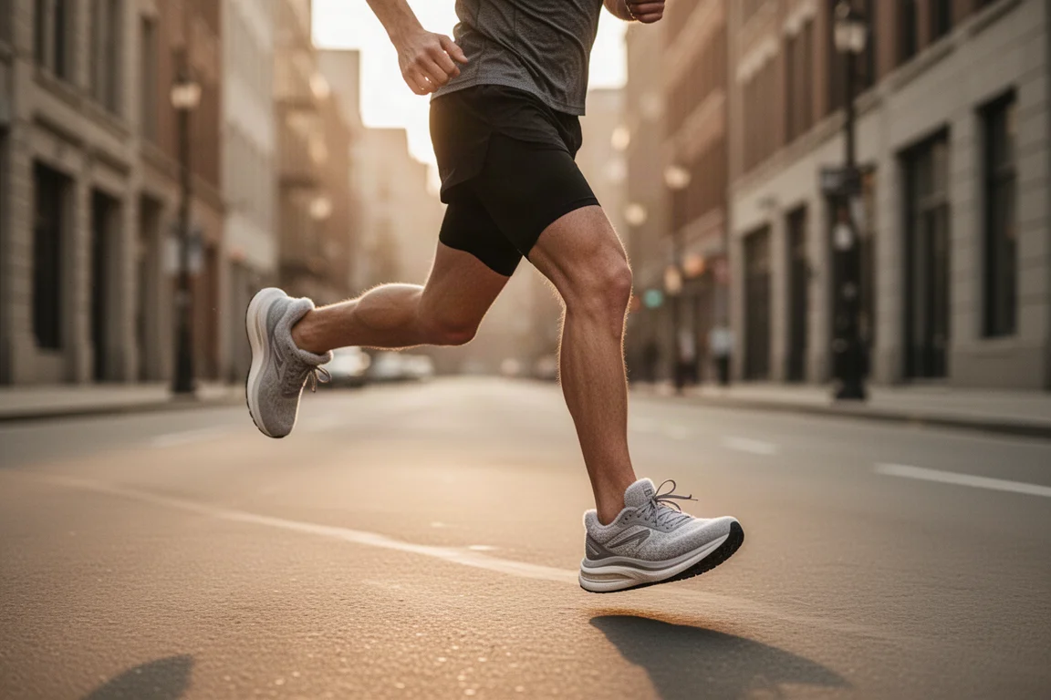 Un coureur foulant une rue urbaine avec des chaussures d'entraînement quotidiennes moelleuses