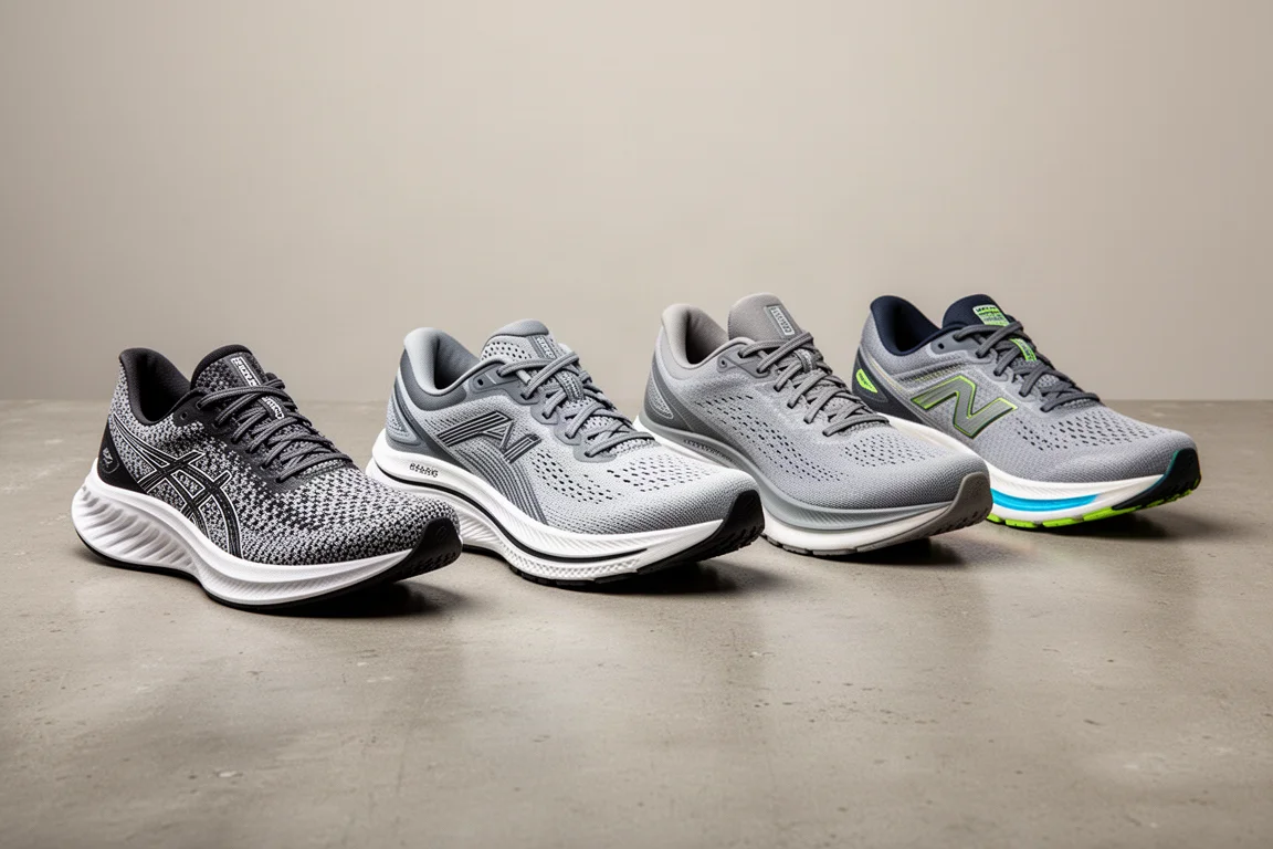 Four Brooks running shoes arranged in a row on a concrete surface