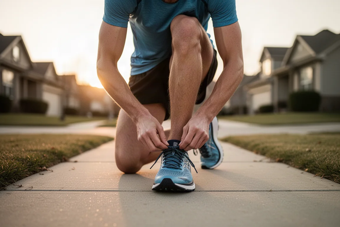 Runner lacing up a stability running shoe on a suburban sidewalk at sunrise