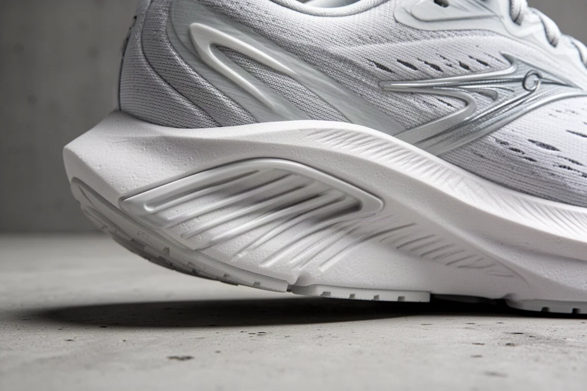 Close-up of midsole guide rails on a stability running shoe