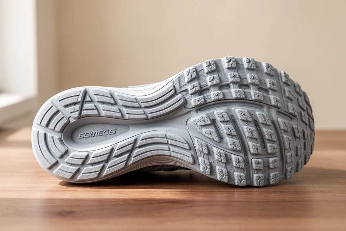 Outsole of a running shoe showing flex grooves and blown rubber tread