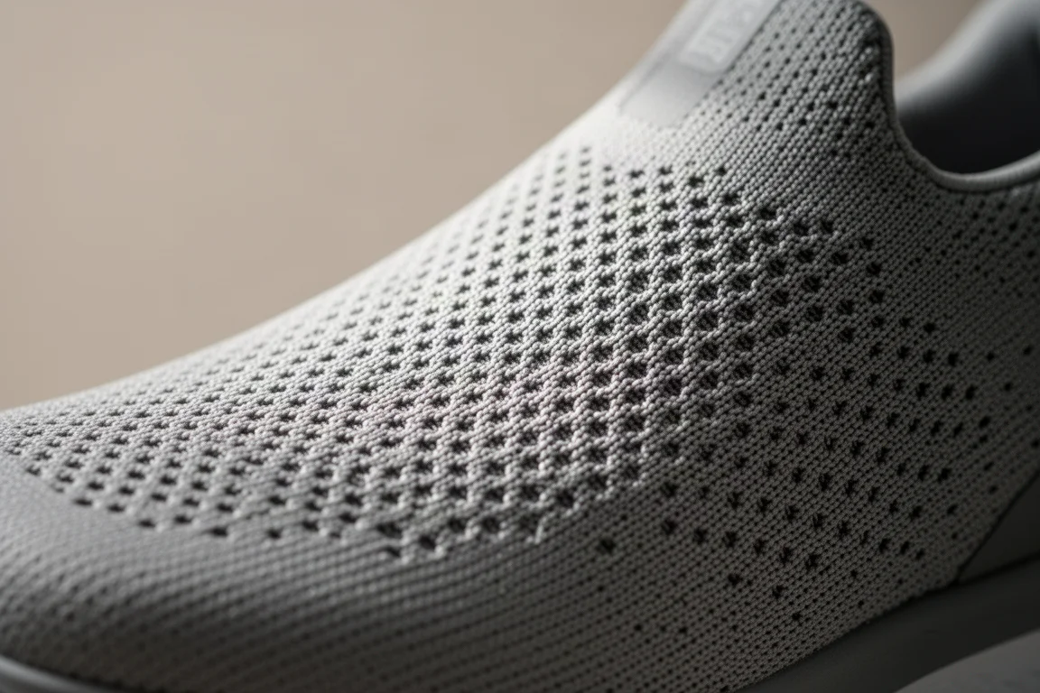 Nahaufnahme eines atmungsaktiven Obermaterials aus Engineered Mesh, das sich über einen Fuß spannt
