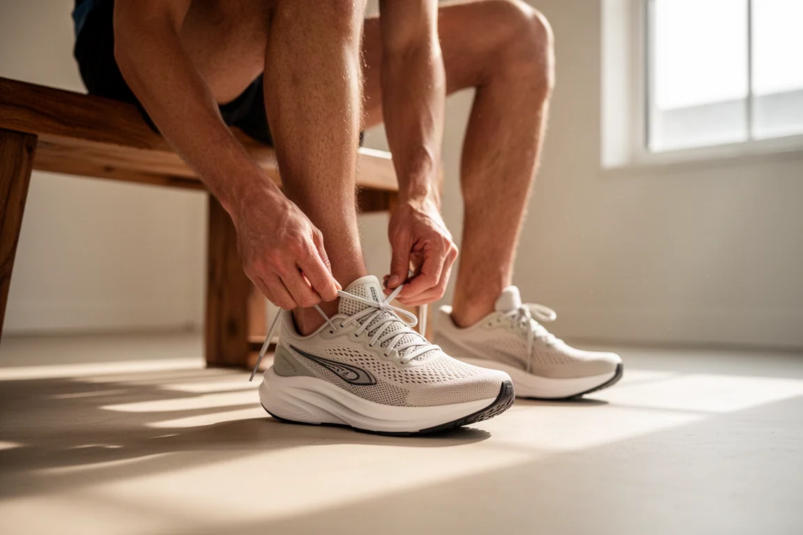軽めのランの前にサポート力のあるロードランニングシューズの紐を結ぶランナー