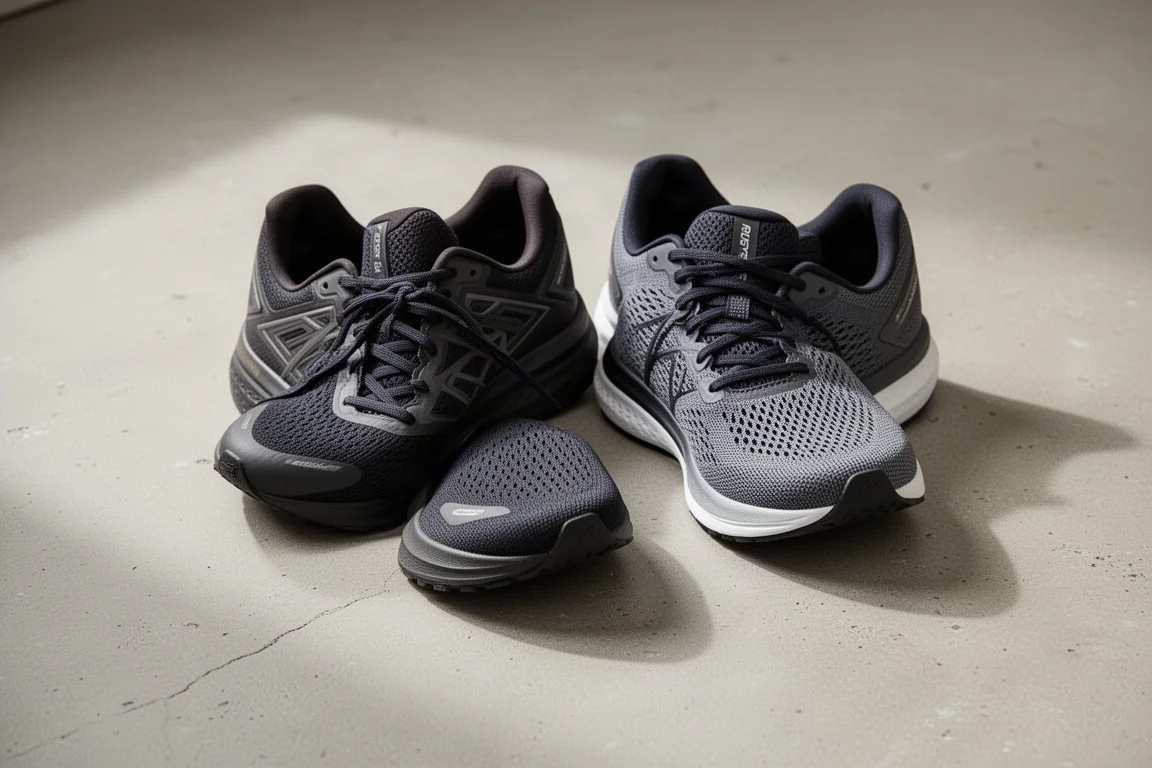 Deux chaussures de running stabilisées côte à côte sur un sol en béton clair
