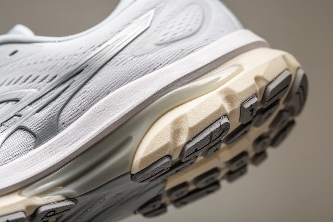 Gros plan sur la semelle intermédiaire d'une chaussure de running montrant la mousse et les éléments de stabilité