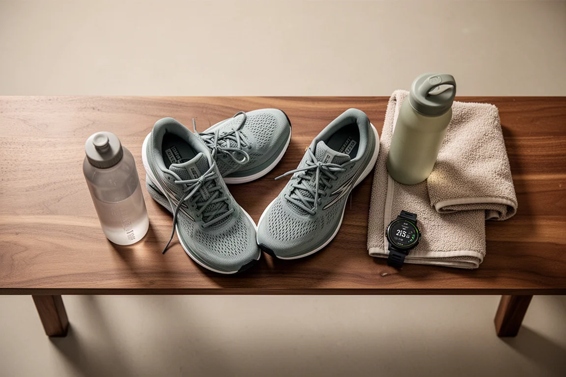 Vue de dessus de chaussures de running et d'équipement d'entraînement disposés sur un banc en bois