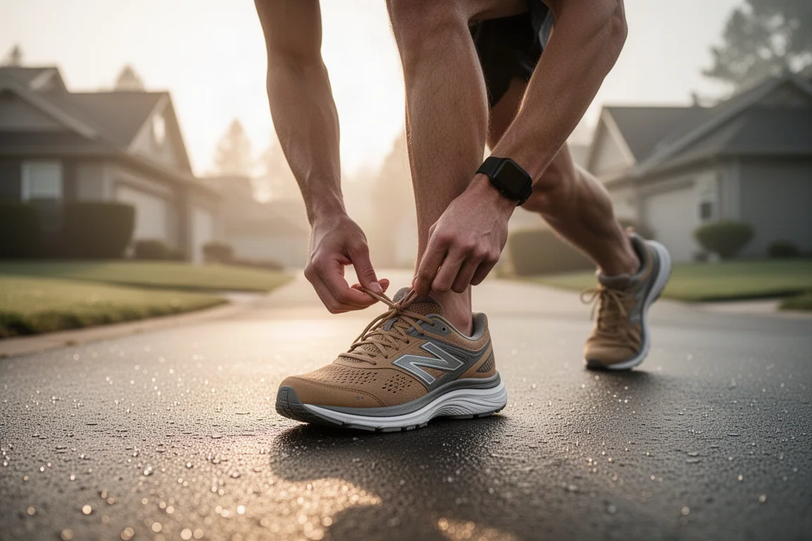 Un coureur lace une chaussure de running stabilisée beige sur une allée avant une sortie matinale