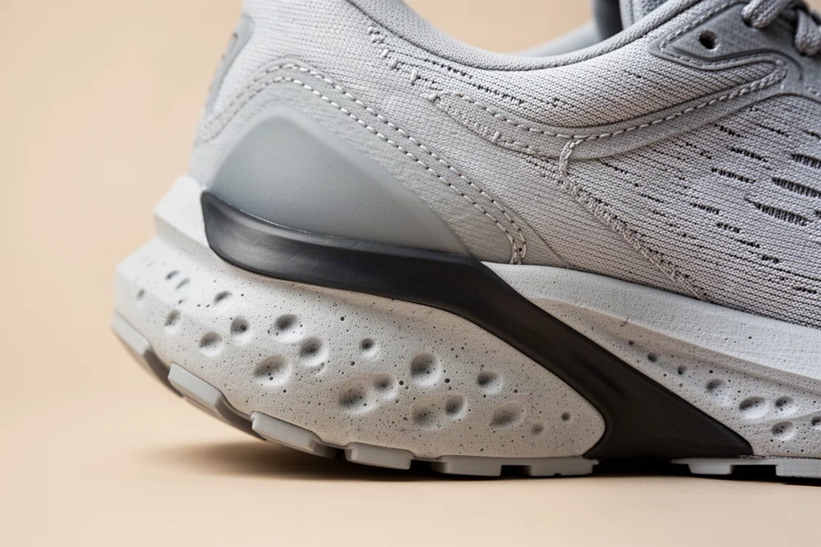 Gros plan sur la semelle intermédiaire et la zone de talon supportive d'une chaussure de running stabilisée