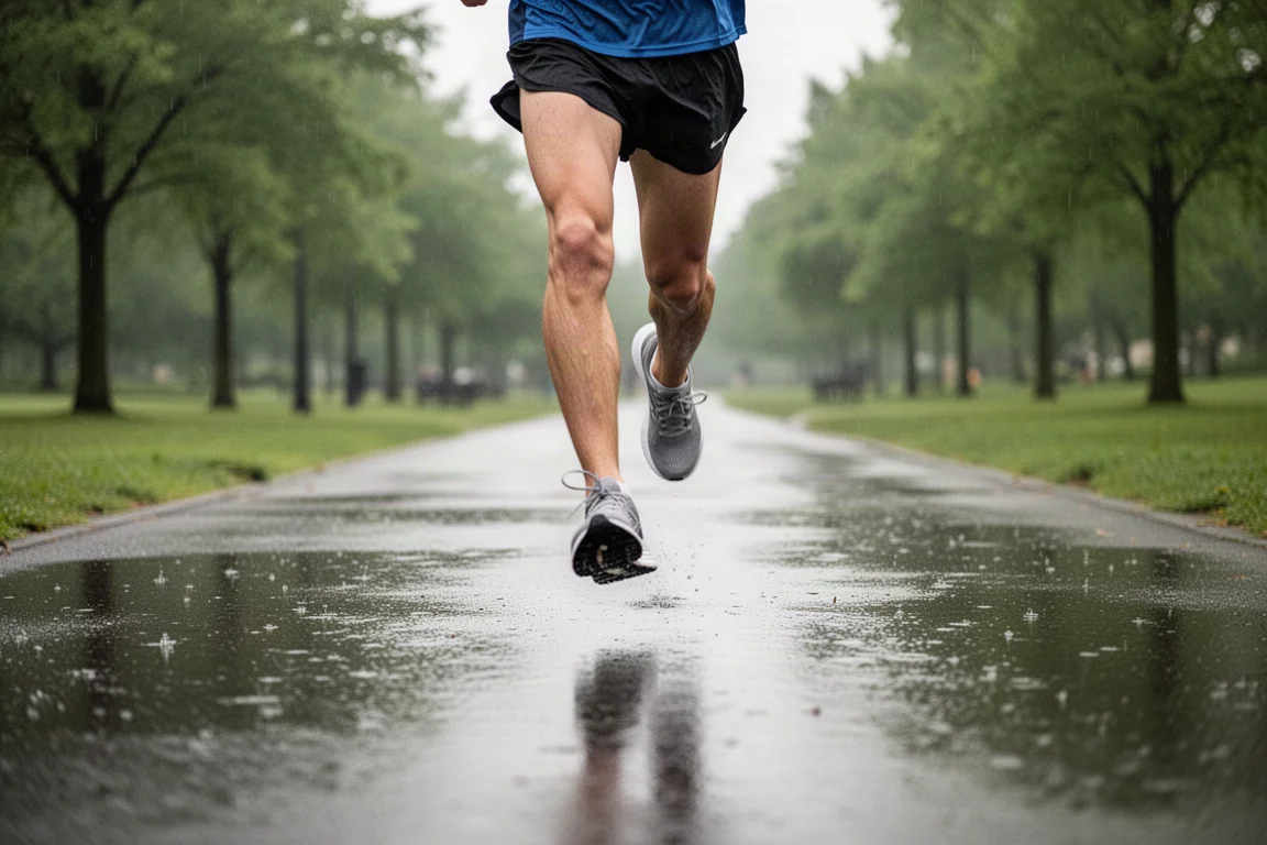Un coureur avance sur un chemin de parc humide par un matin couvert