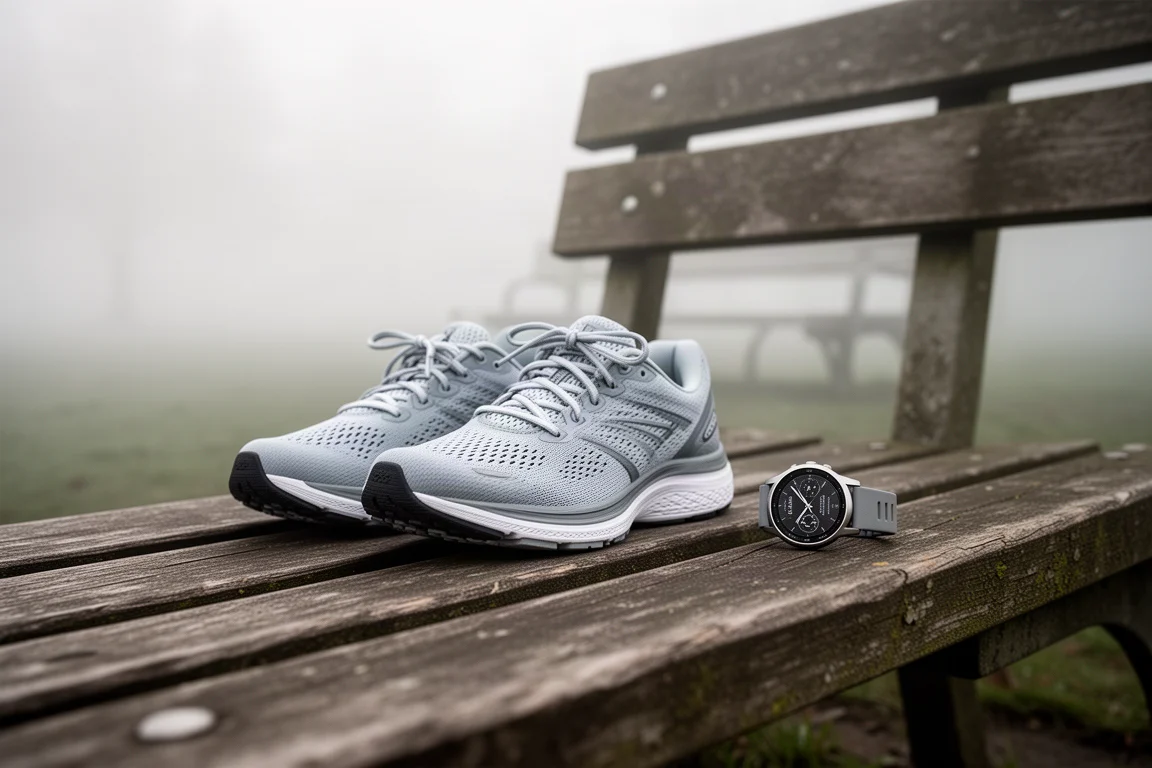 Chaussures de running pour semi-marathon posées sur un banc à côté d'une montre de sport