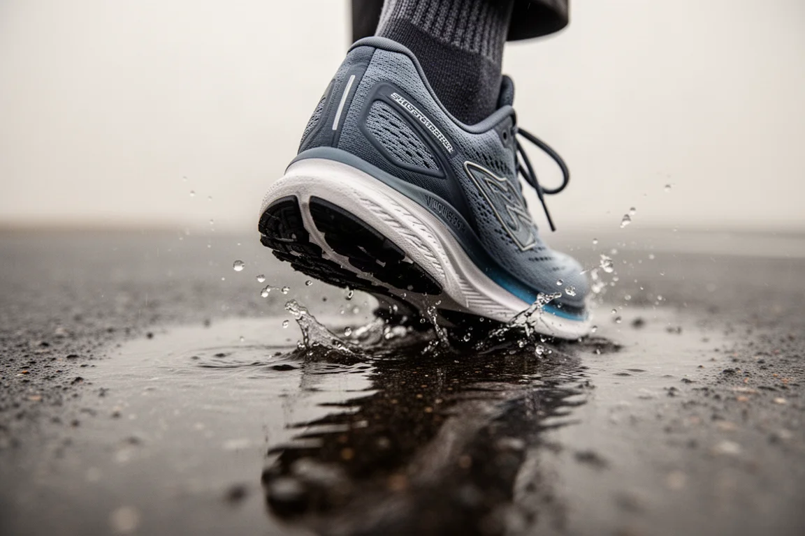 Primer plano del talón de una zapatilla de running impactando sobre asfalto mojado