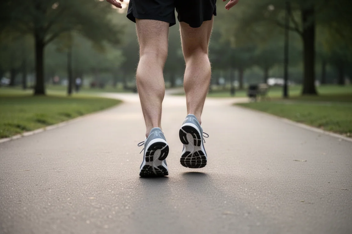 Persona caminando por un sendero pavimentado con zapatillas de running bajo luz suave