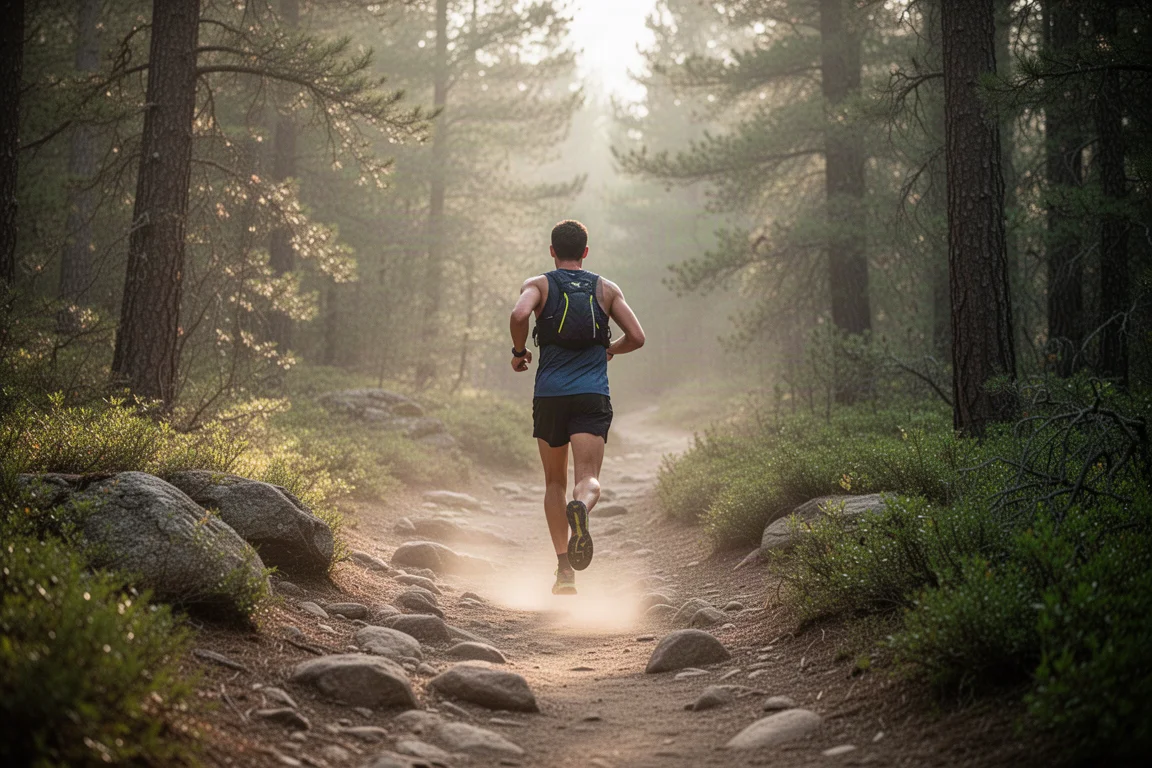 Trailrunner auf einem steinigen Singletrail-Abschnitt während eines langen Rennens