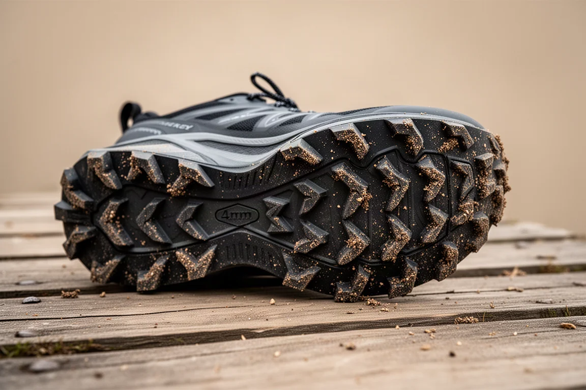 Nahaufnahme der dicken Profilnoppen der Außensohle eines Trailrunningschuhs