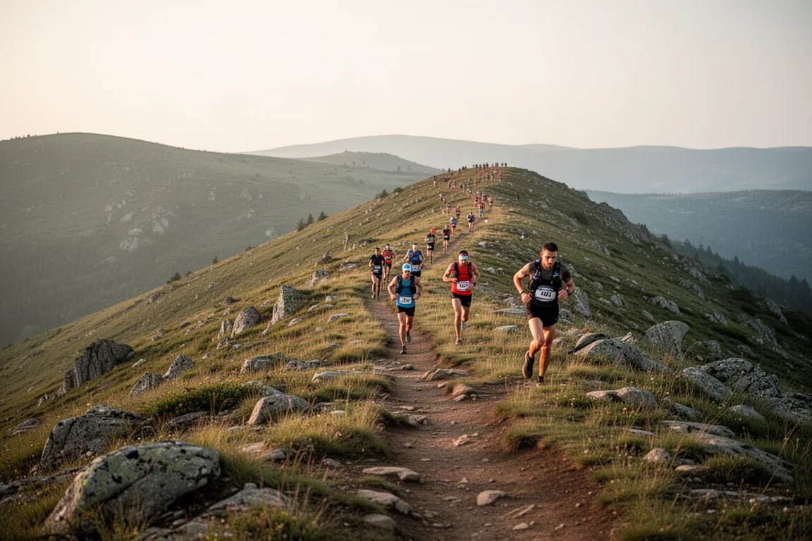 Szene eines Langstrecken-Trailrennens mit über den Bergkurs verteilten Läufern