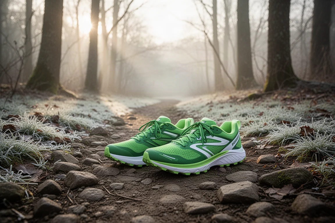 Trail running shoes resting on a rocky woodland trail in soft morning light