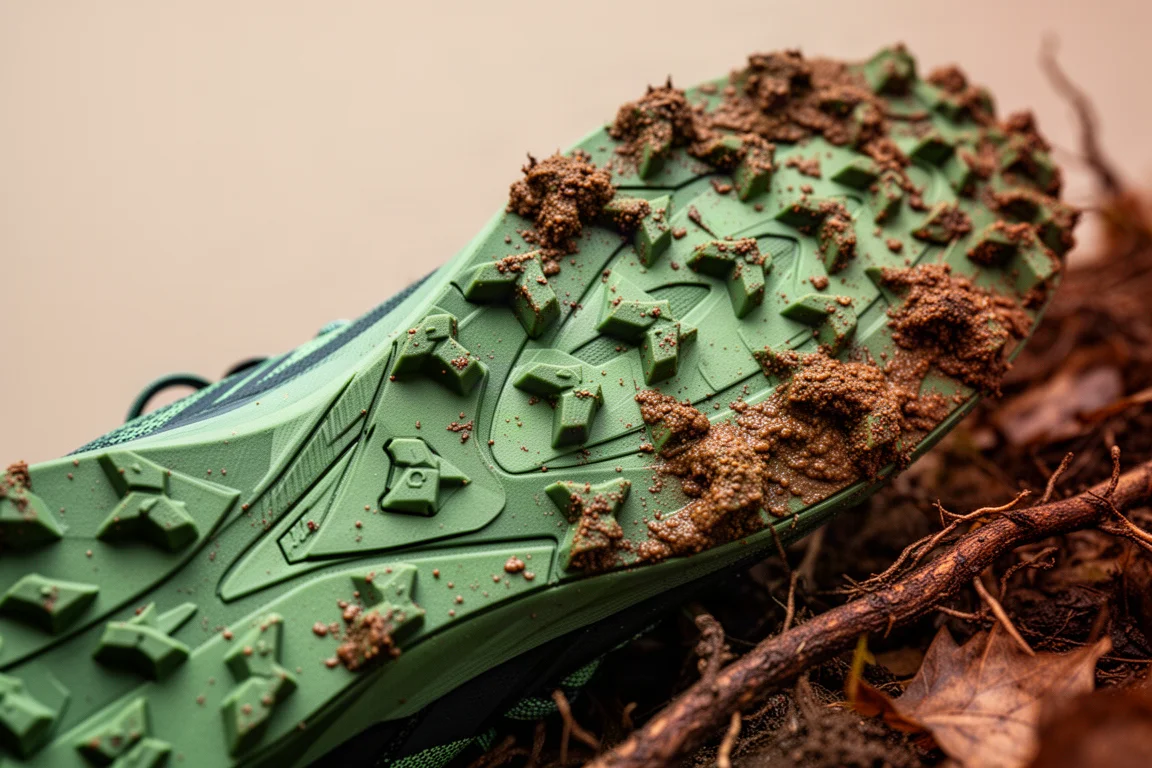 Close-up of a green lugged trail outsole caked with sticky mud