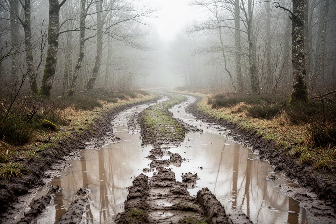 Muddy trail winding through wet woodland after heavy rain