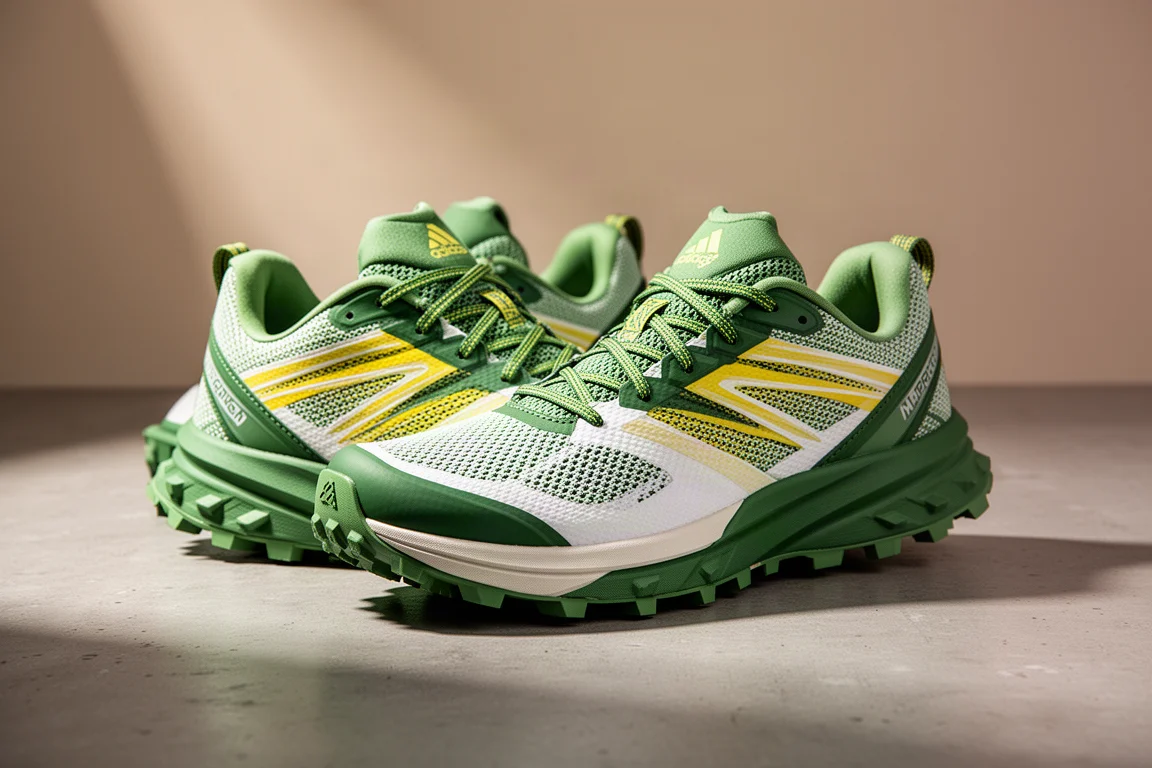 Coppia di scarpe da trail running Brooks Caldera 8 verdi e bianche su superficie di cemento