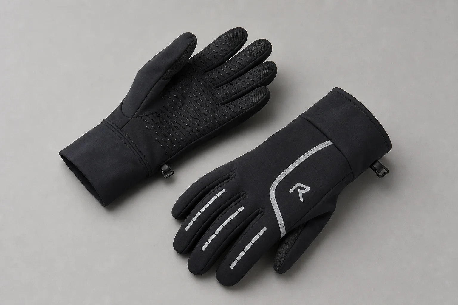 Winter-Laufzubehör auf Beton, darunter Handschuhe, Mütze, Stirnlampe und reflektierender Rucksack