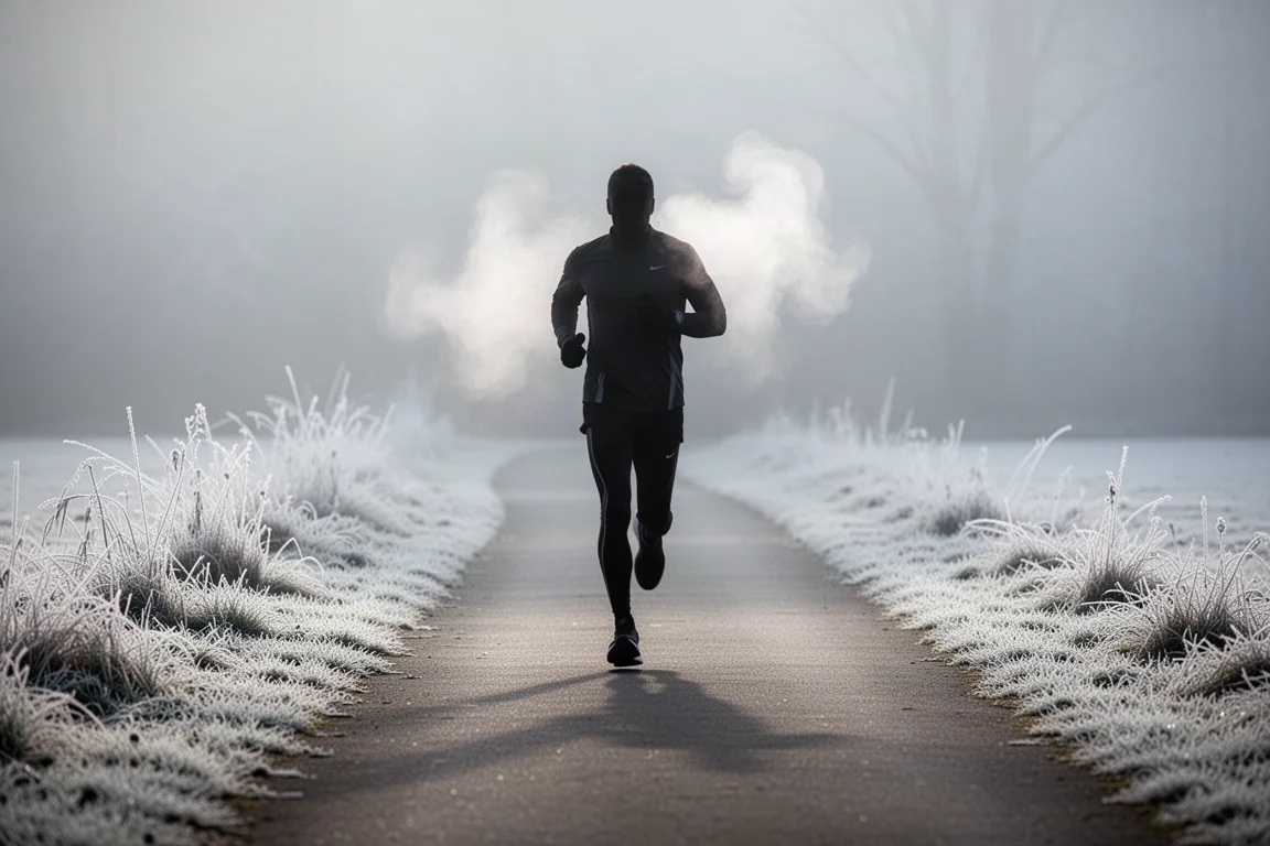 Koude morgenloop met zichtbare adem in winterse lucht