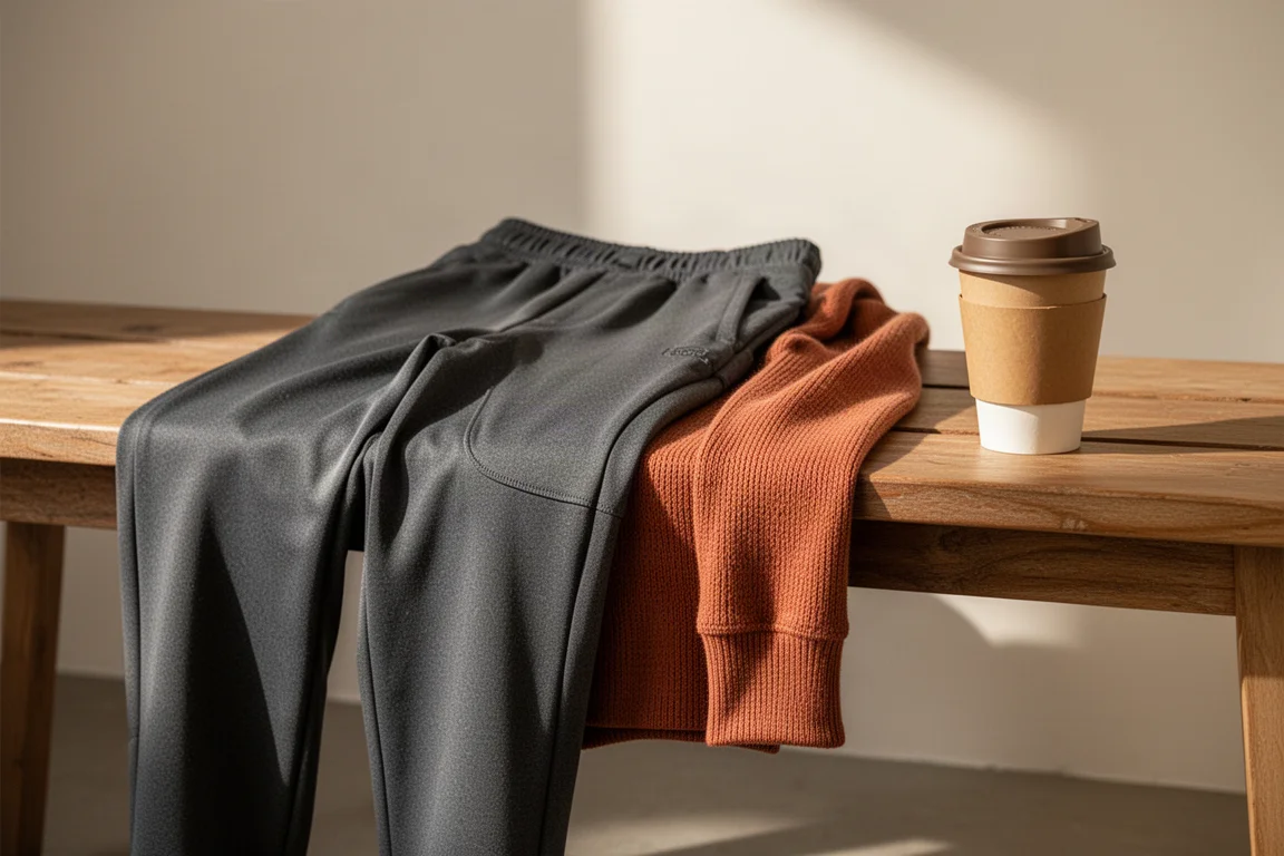 Athleisure-outfit klaargelegd voor een informele koffie na het hardlopen