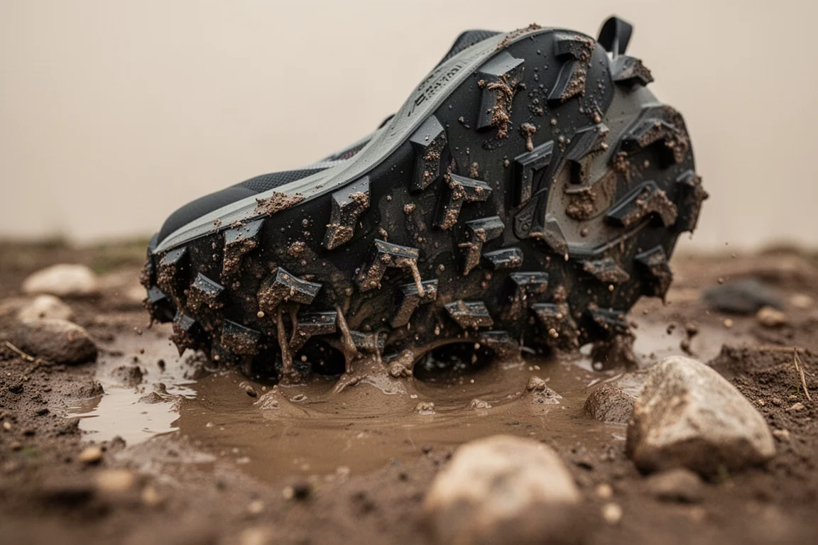 Primer plano de la suela con tacos profundos de una zapatilla de trail sobre suelo barroso y húmedo
